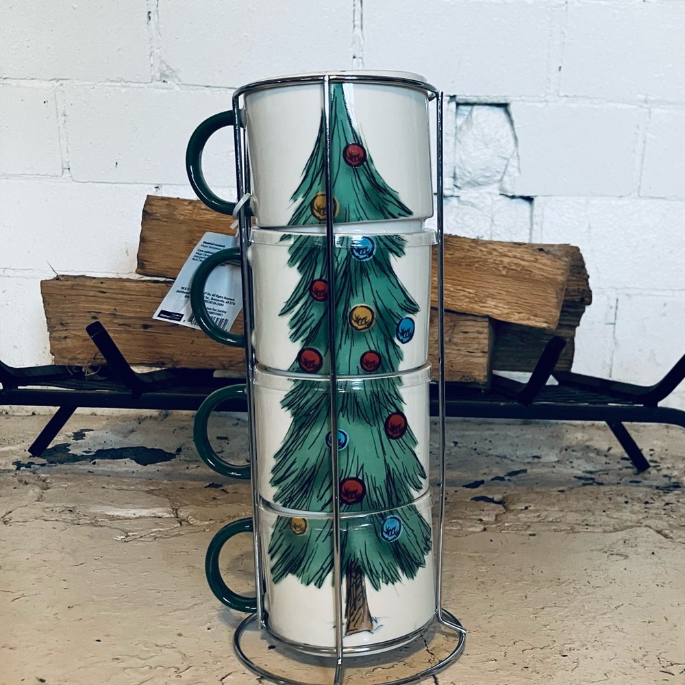 Green and White Holiday Decor Stacking Mugs